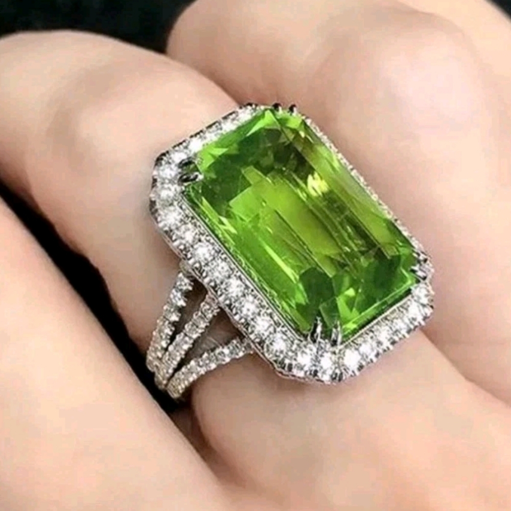 Women's Emerald Cut Green Peridot Halo Engagement Ring 14K White Gold Plated Sz9